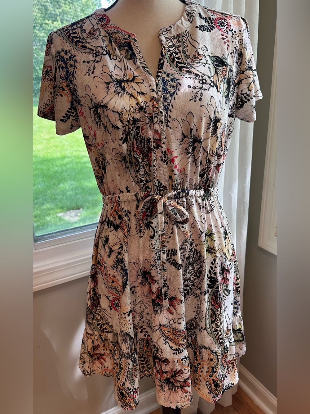 Robert Louis Flower & Paisley flutter sleeve knit A line Ruffle hem dress~M